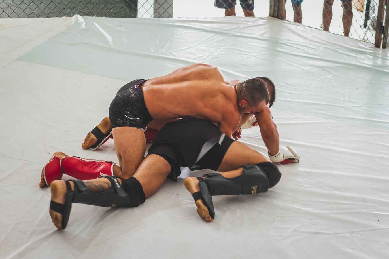 MMA fighter top control after stuffing a takedown attempt in the cage