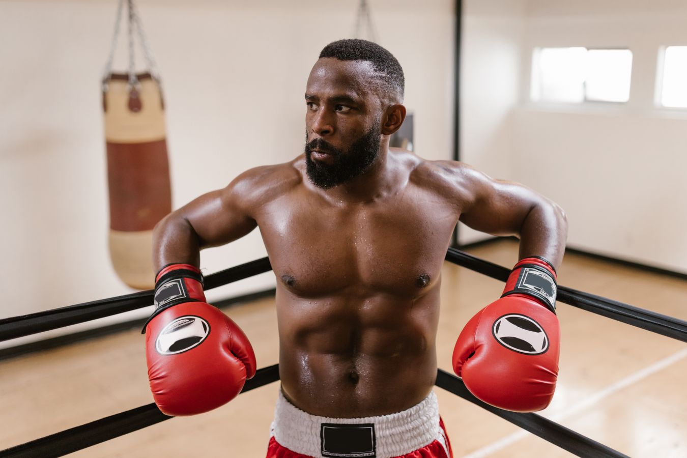 Muscular boxer in red gloves standing in a training ring