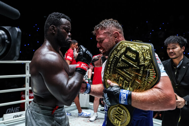 Anatoly Malykhin holds the ONE Heavyweight world title belt after knocking out Reug Reug in round four at The Inner Circle, May 15 2026