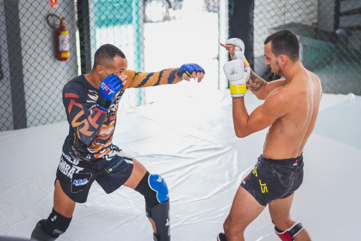 MMA fighters sparring — Ankalaev vs Guskov style matchup