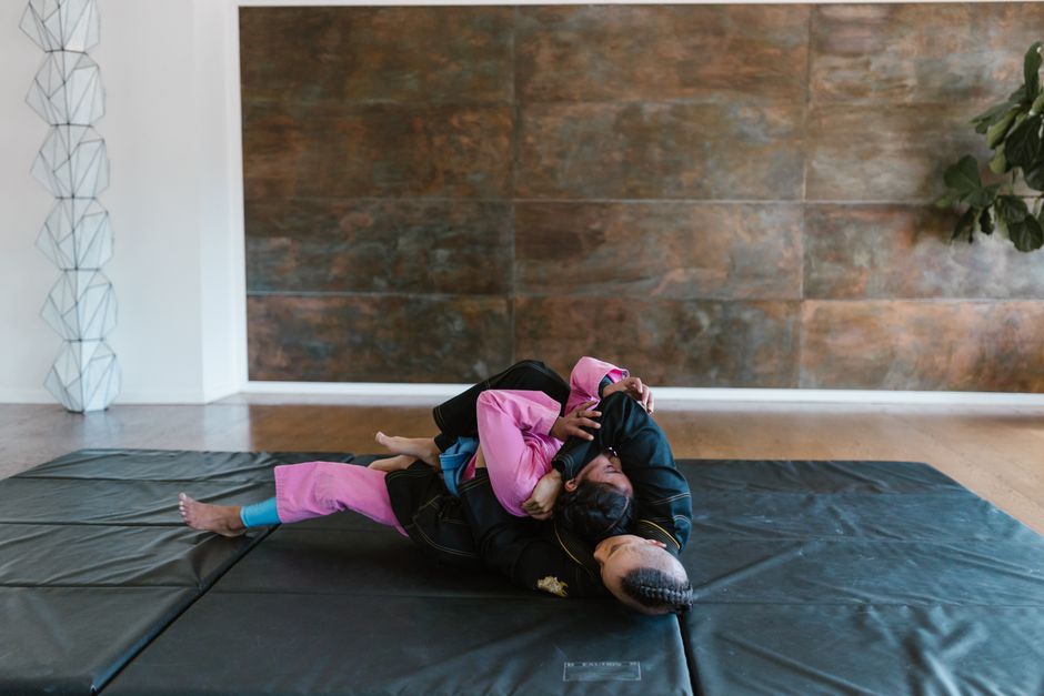Two grapplers scrambling for position on the mat