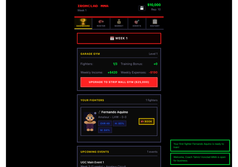 TKO Tycoon gym dashboard screenshot showing gym level, weekly income and expenses, and starting fighter