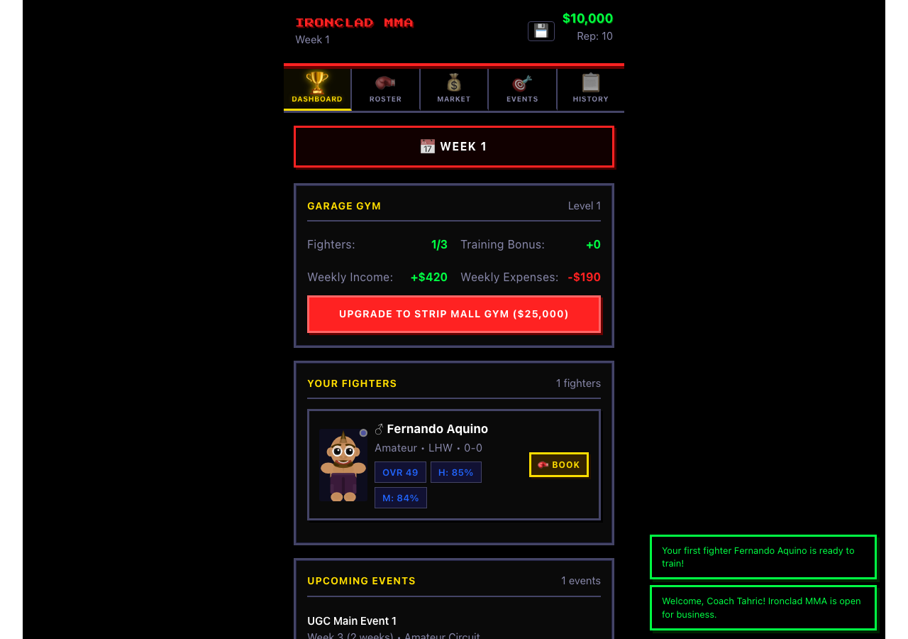 TKO Tycoon gym dashboard screenshot showing gym level, weekly income and expenses, and starting fighter
