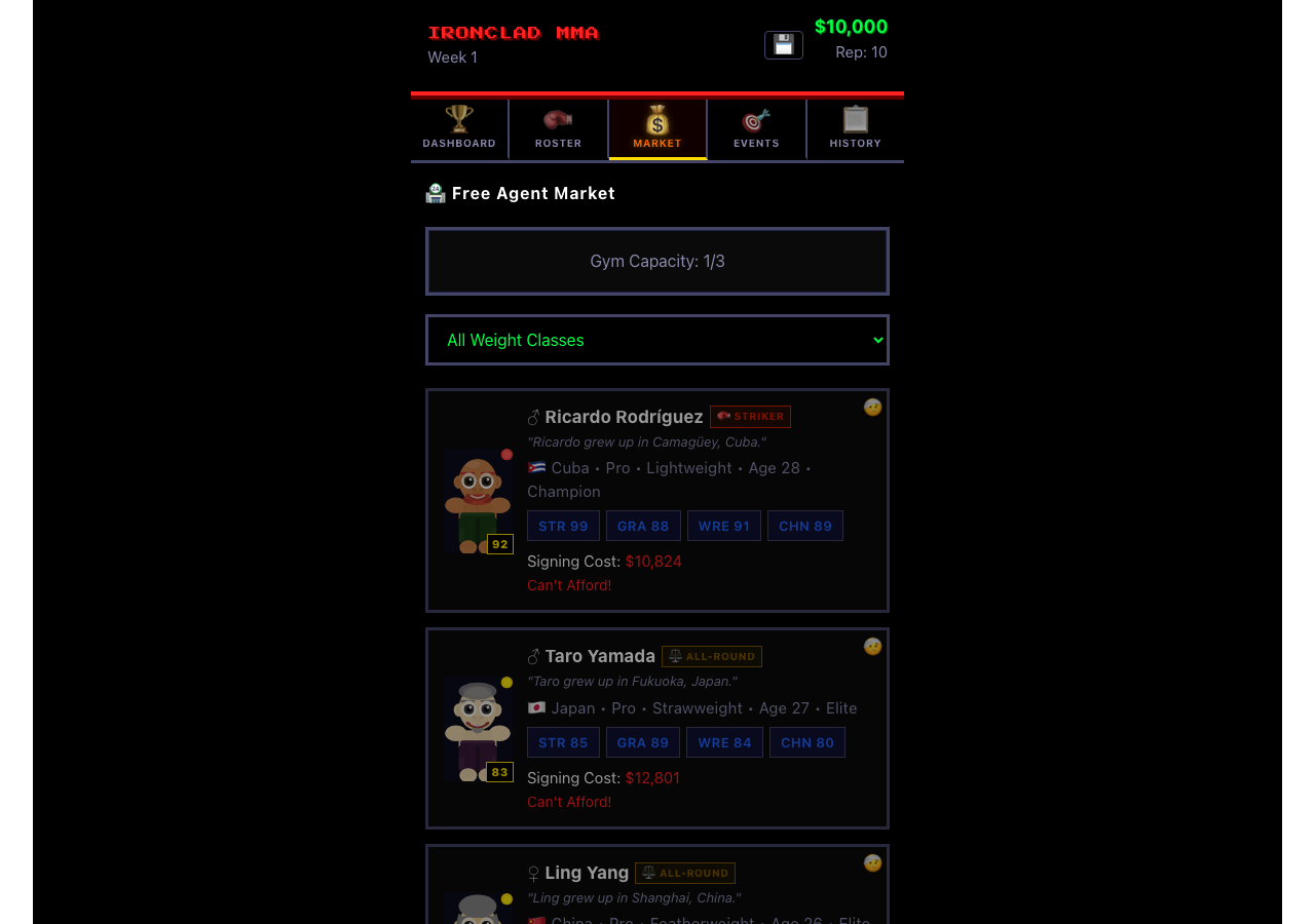 TKO Tycoon free agent market screenshot showing fighter OVR ratings, stats, and signing costs