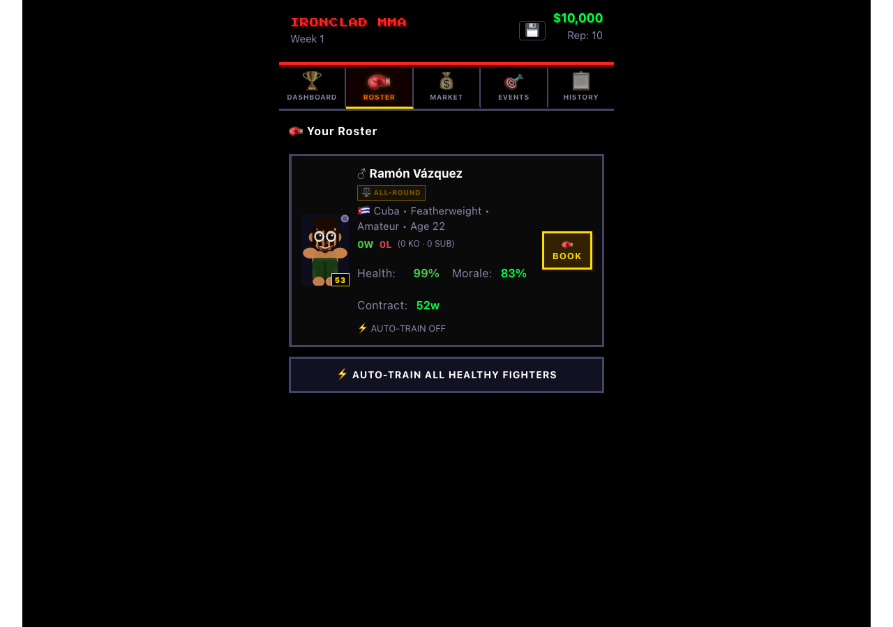 TKO Tycoon roster screen screenshot showing a fighter's health, morale, contract length, and auto-train option