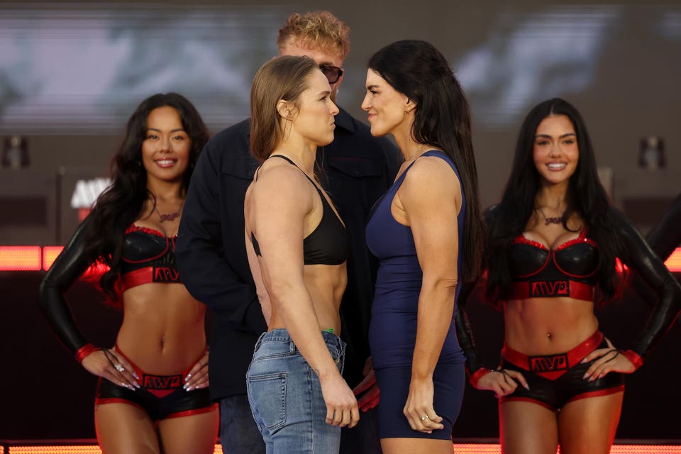 Ronda Rousey and Gina Carano face off at the ceremonial weigh-in for MVP MMA 1 on Netflix, May 2026