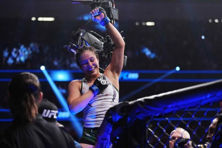 Alexa Grasso of Mexico reacts to her win in the UFC flyweight championship fight during the UFC 285