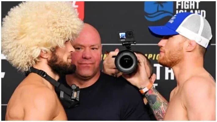 Khabib Nurmagomedov locking a mounted triangle on Justin Gaethje at UFC 254