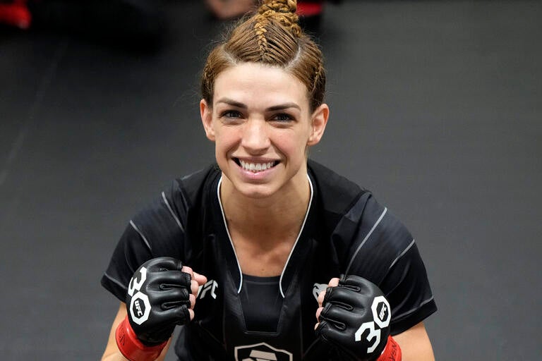 Mackenzie Dern rests after warming up backstage during the UFC Fight Night event at UFC APEX on May