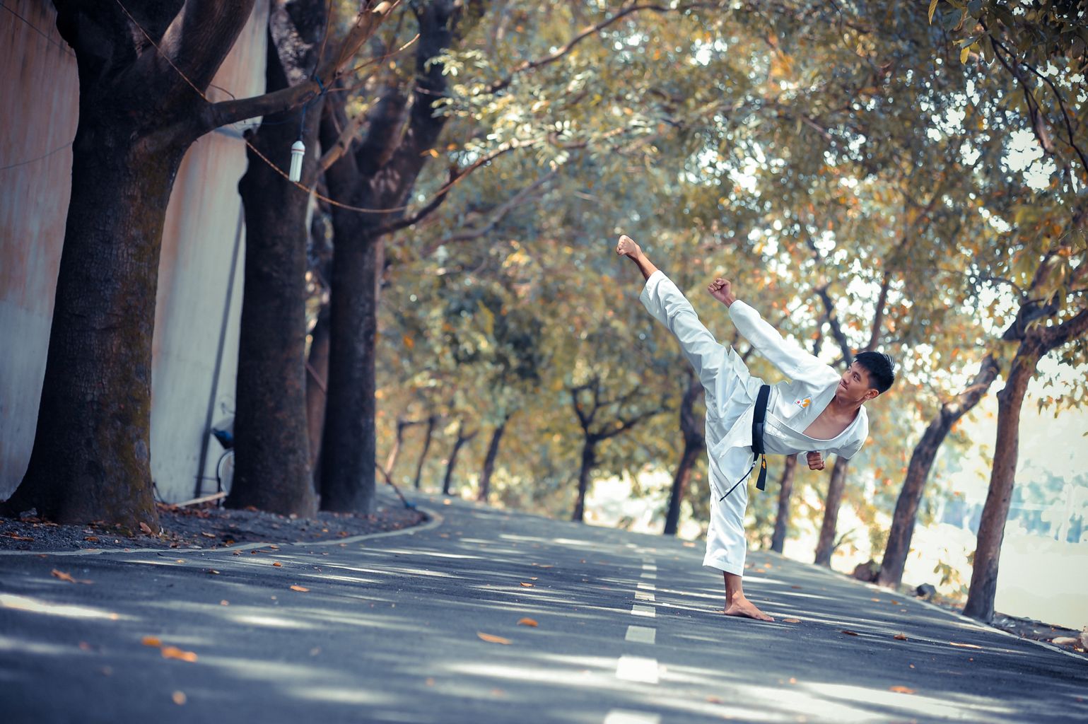 Fighter throwing a kick during training