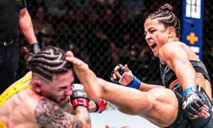 Natalia Silva landing a flying knee strike in the UFC flyweight division