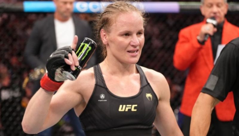 Valentina Shevchenko speaking in a post-fight octagon interview after a UFC win