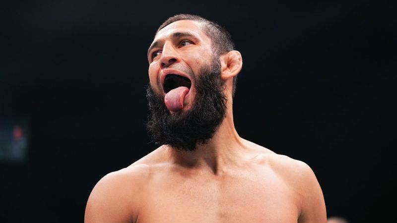 Khamzat Chimaev celebrates after a dominant guard passing performance at UFC 319
