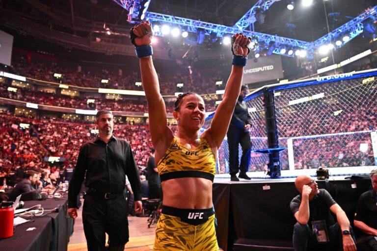 Natalia Silva celebrates a win inside the UFC octagon ahead of her UFC 332 title fight