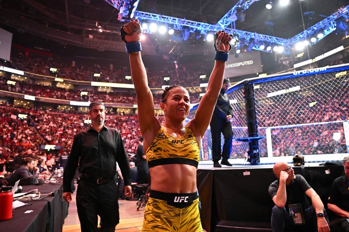 Natalia Silva celebrates a win inside the UFC octagon ahead of her UFC 332 title fight